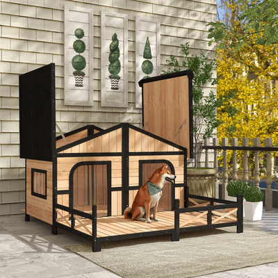 Wooden Elevated Backyard Dog House Kit, All Weather Rustic Log Cabin Outdoor Pet Shelter For Small & Large Dogs Wooden Elevated Backyard Dog House Kit, All Weather Rustic Log Cabin Outdoor Pet Shelter For Small & Large Dogs