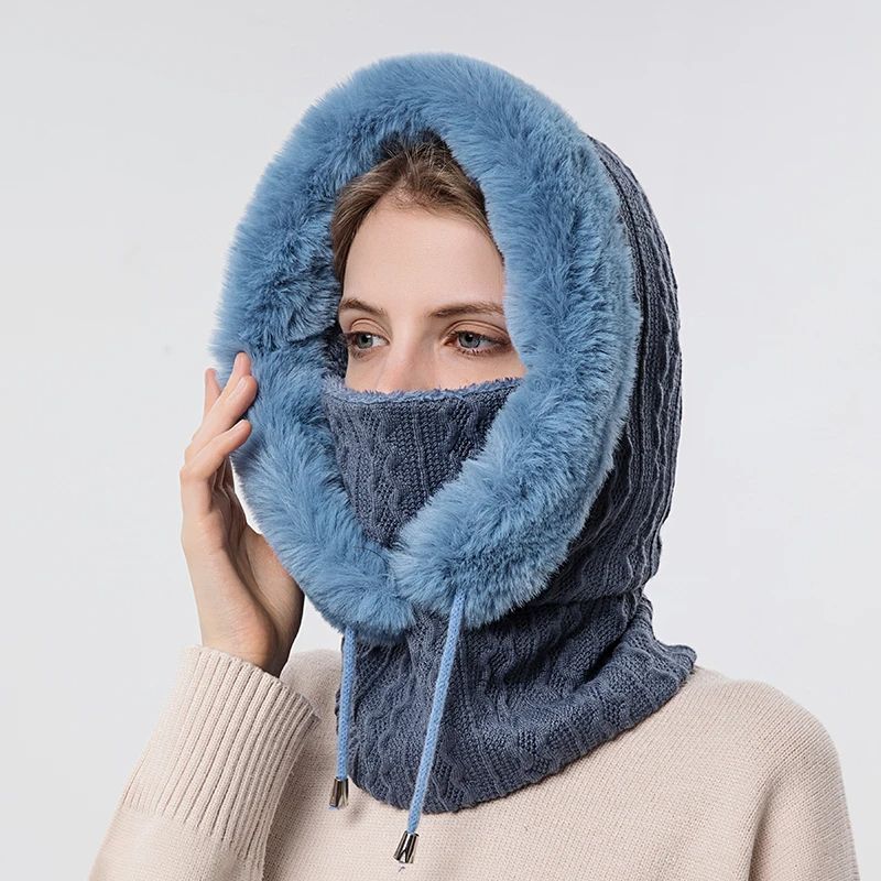 Women Winter Fur Cap Mask Set, Hooded Knitted Cashmere Balaclava Ski Hat With Thick Fluffy Beanies & Neck Warmer H navy
