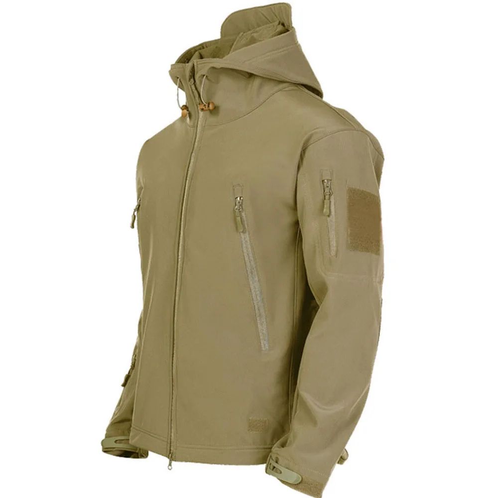 Mens Tactical Soft Shell Jacket Windproof & Waterproof Army Combat Jacket With Hood khaki 2xl
