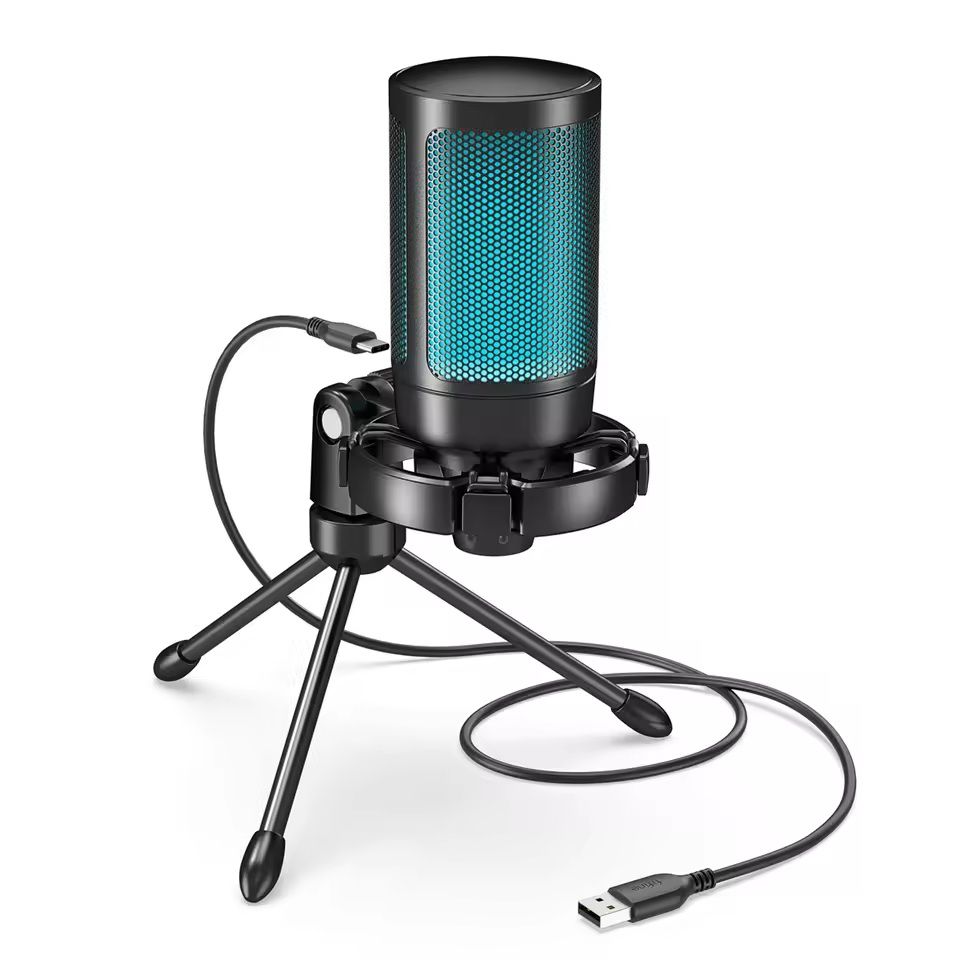 AmpliGame RGB USB Gaming Microphone With Mute Button And Tripod For PC And PS5 black