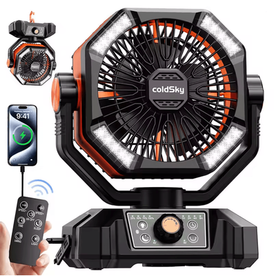 20000mAh Portable Camping Fan With LED Lantern 8 Speed Outdoor Battery Fan orange