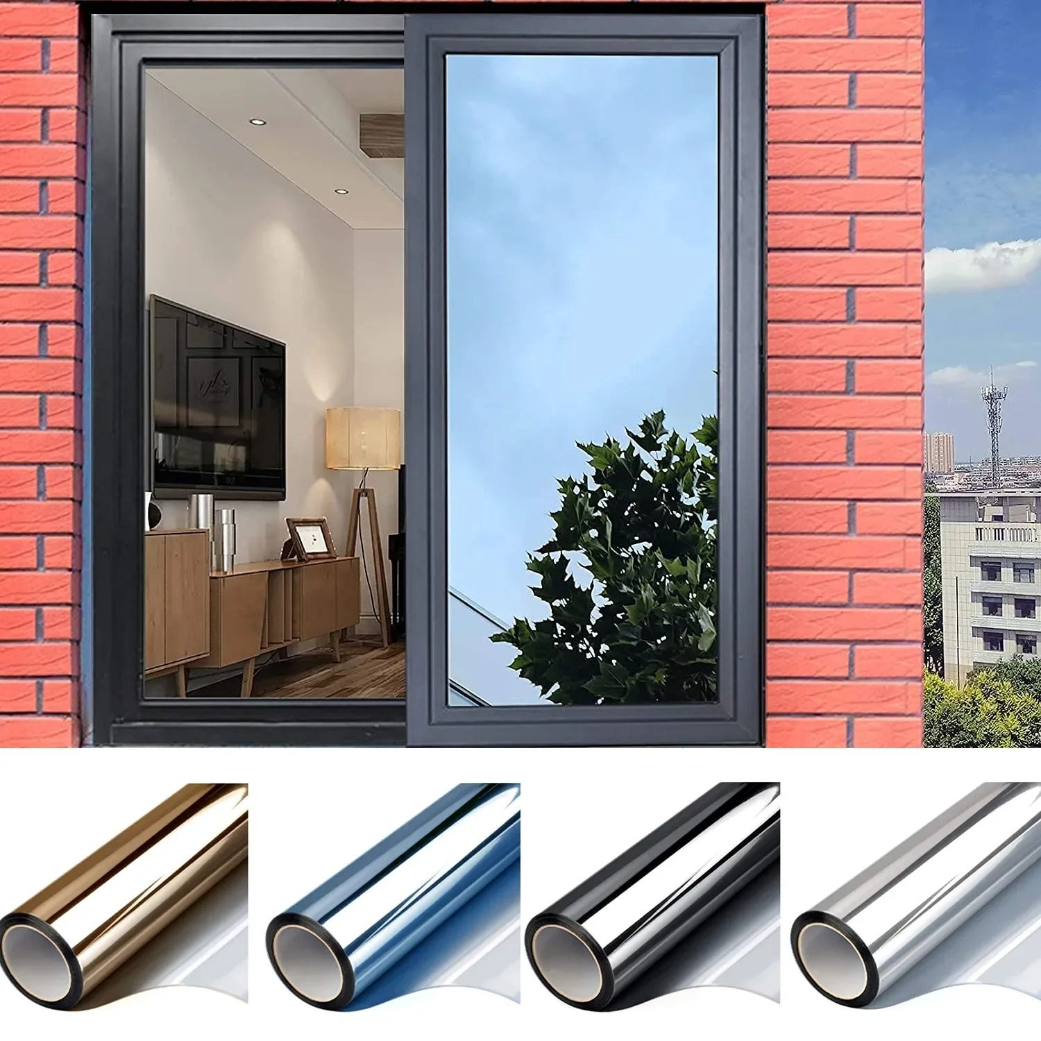 One Way Mirror Window Film Privacy Tint Heat Control Reflective Adhesive Glass Covering 19.7 39.4 In black silver