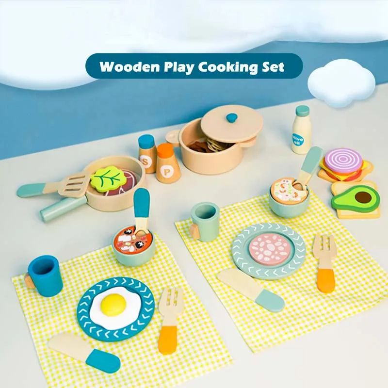 Wooden Kitchen Pretend Play Set For Toddlers, Montessori Simulation Plates & Dishes Toy For Ages dessert