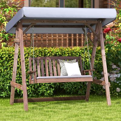 2 Person Porch Swing With Fir Wood Stand & Tilt Canopy, Outdoor Hanging Bench With Cushion For Garden, Patio, Or Porch 2 Person Porch Swing With Fir Wood Stand & Tilt Canopy, Outdoor Hanging Bench With Cushion For Garden, Patio, Or Porch