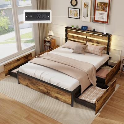 Full Queen Twin Size Bed Frame With Drawers, LED Lights & USB Ports, Modern Platform Bed With Storage, Headboard Shelf Full Queen Twin Size Bed Frame With Drawers, LED Lights & USB Ports, Modern Platform Bed With Storage, Headboard Shelf