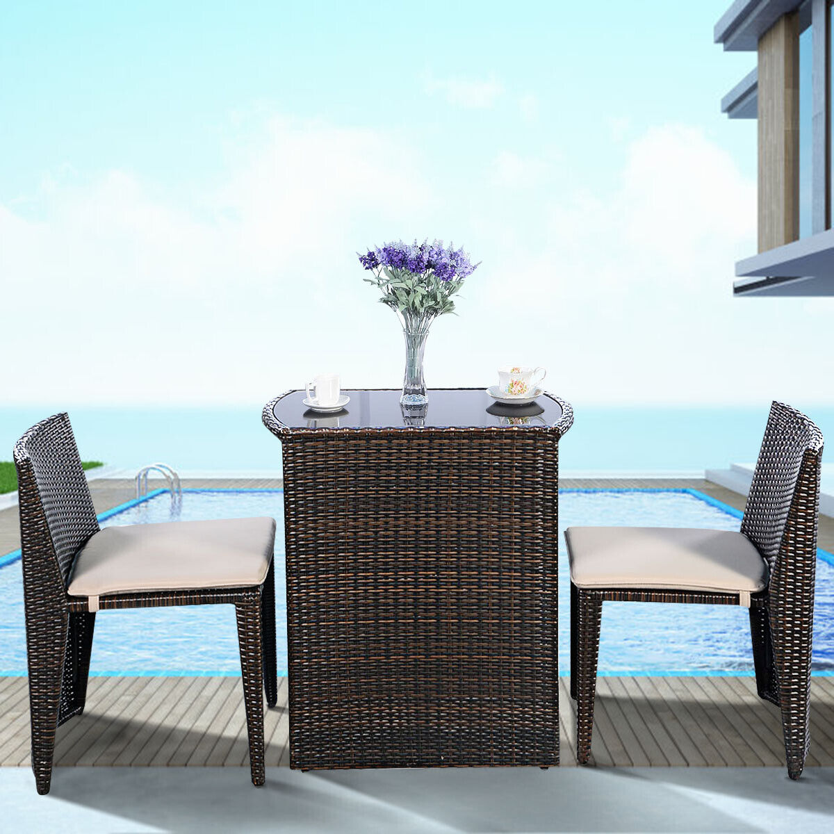 3 Piece Cushioned Wicker Patio Bistro Set No Assembly Needed, Steel Frame & Tempered Glass Table 3 Piece Cushioned Wicker Patio Bistro Set No Assembly Needed, Steel Frame & Tempered Glass Table