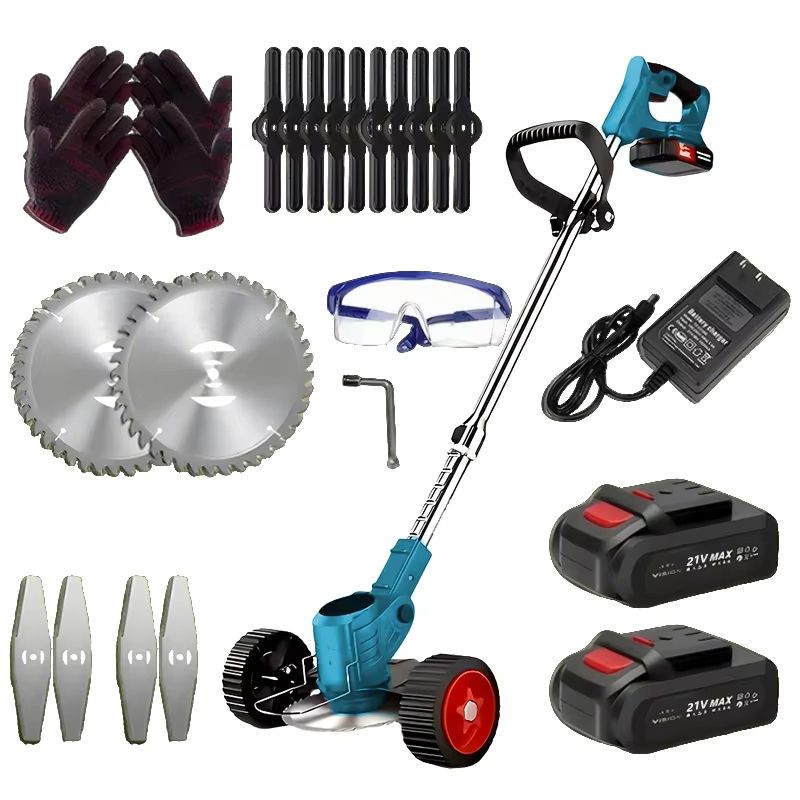 Premium 3 in 1 Cordless Lawn Trimmer And Weed Wacker With Dual Batteries Grass Edger And Brush Cutter blue us Plug Type two Batteries
