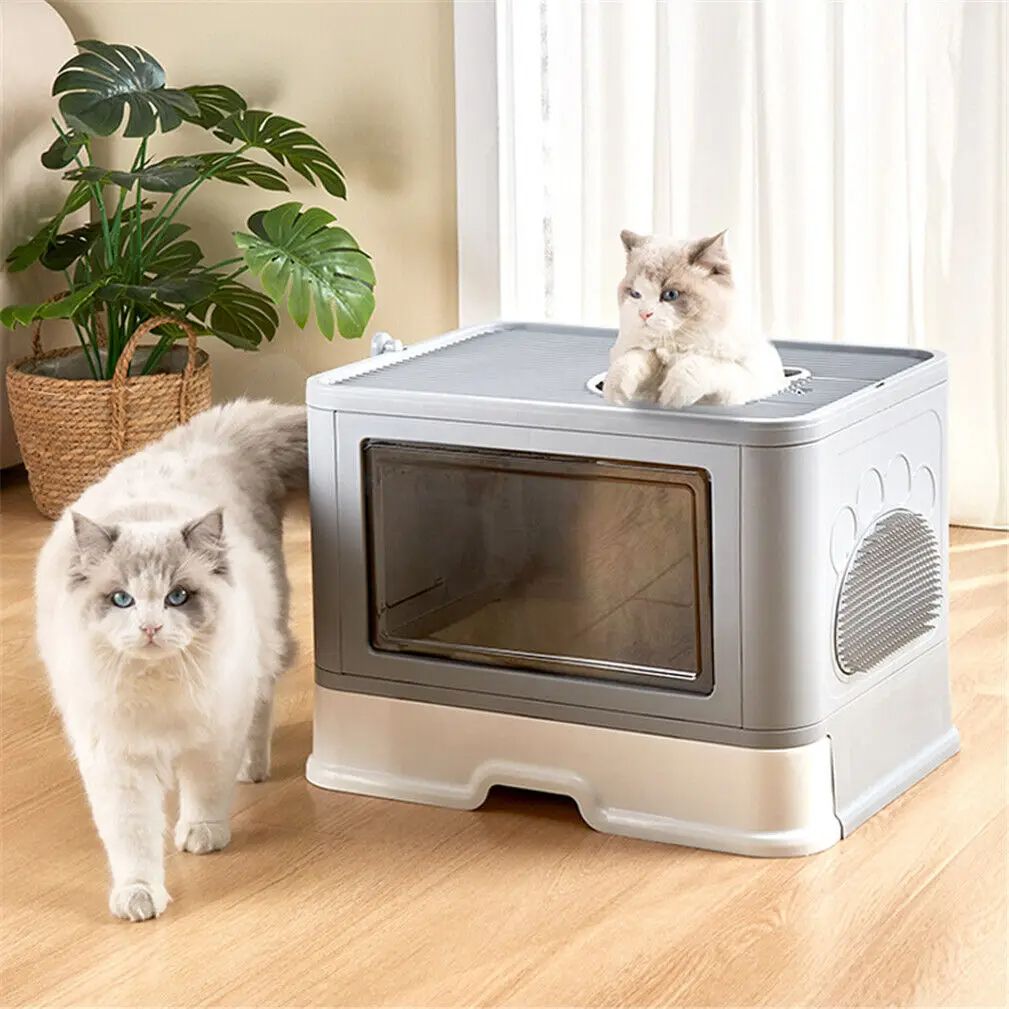 Foldable Cat Litter Box With Massager, Front Entry & Top Exit Toilet & Enclosed Litter Scoop Foldable Cat Litter Box With Massager, Front Entry & Top Exit Toilet & Enclosed Litter Scoop
