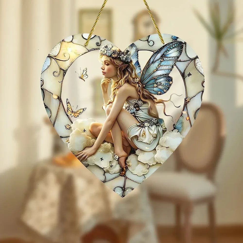 Magical Fairy Magic Night Suncatcher, Stained Glass Acrylic Heart Wall Hanging For Indoor Outdoor Home Garden Fantasy light Grey