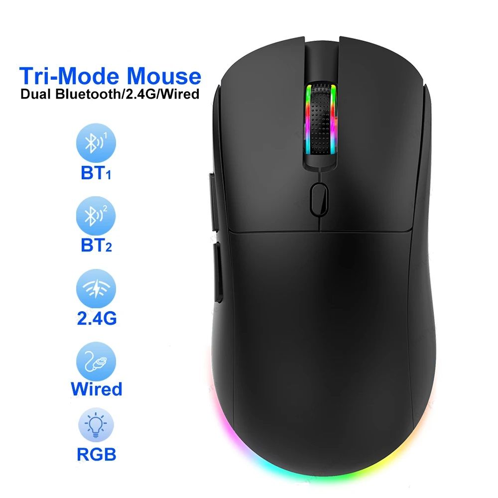 Wireless RGB Gaming Mouse 6 Button 4800DPI Tri Mode (Bluetooth 5.3 2.4G USB) For PC, Laptop, Tablet white