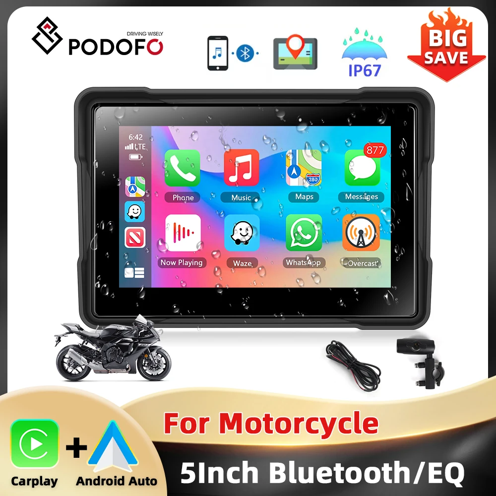 Podofo 5'' Smart Screen Player Motorrad Carplay Android Auto IP67 Wasserdichte Bluetooth EQ Airplay Android Cast Motorrad DVR Image