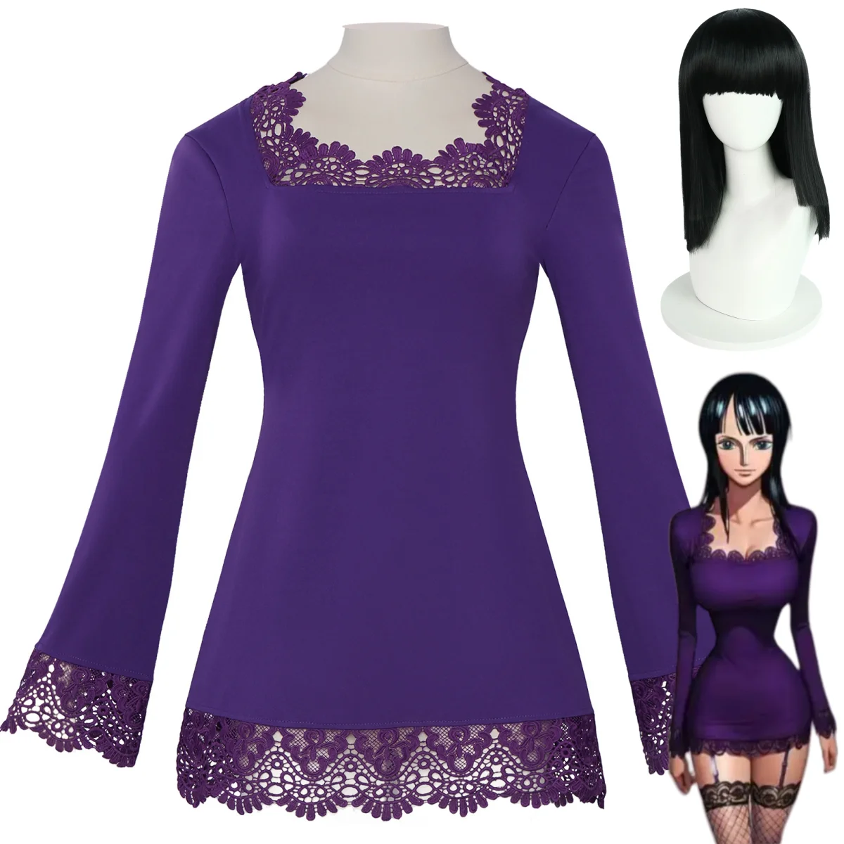 Anime Miss All Sunday Nico Robin Cosplay Kostüm Lila Lange Ärmel Spitzenkleid Perücke Frau Sexy Karneval Halloween Anzug