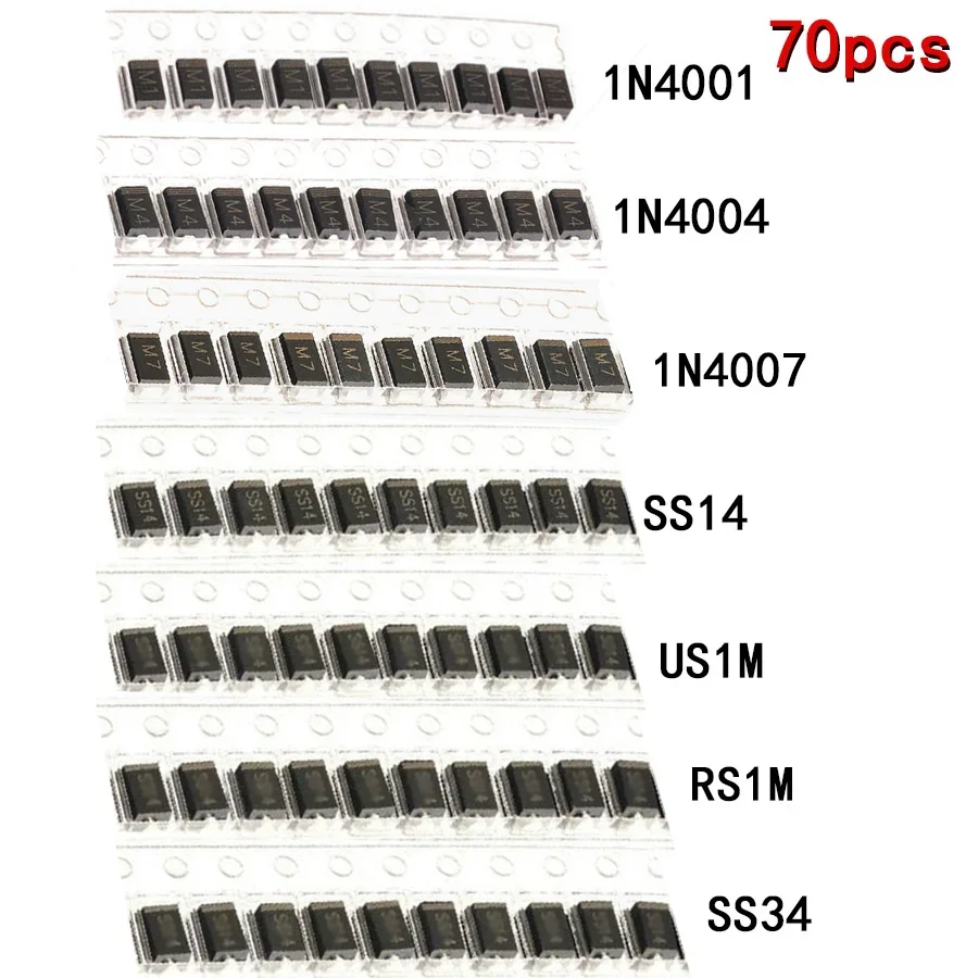 70PCS SMD Dioden 1N4001 M1 1N4004 M4 1N4007 M7 SS14 1N5819 SS34 SR340 US1M RS1M Schottky Diode 7 Werte * 10 stücke Elektronische Kit Image