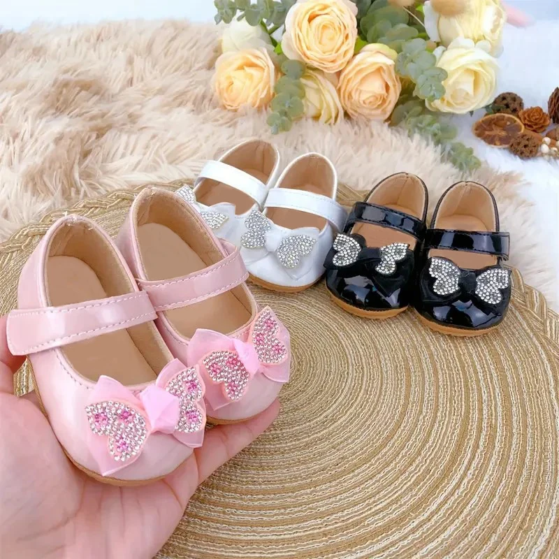 Lässige süße Mary Jane-Schuhe mit Strass-Bowknot-Dekor für Babys, leichte, rutschfeste Wanderschuhe für Frühling und Herbst