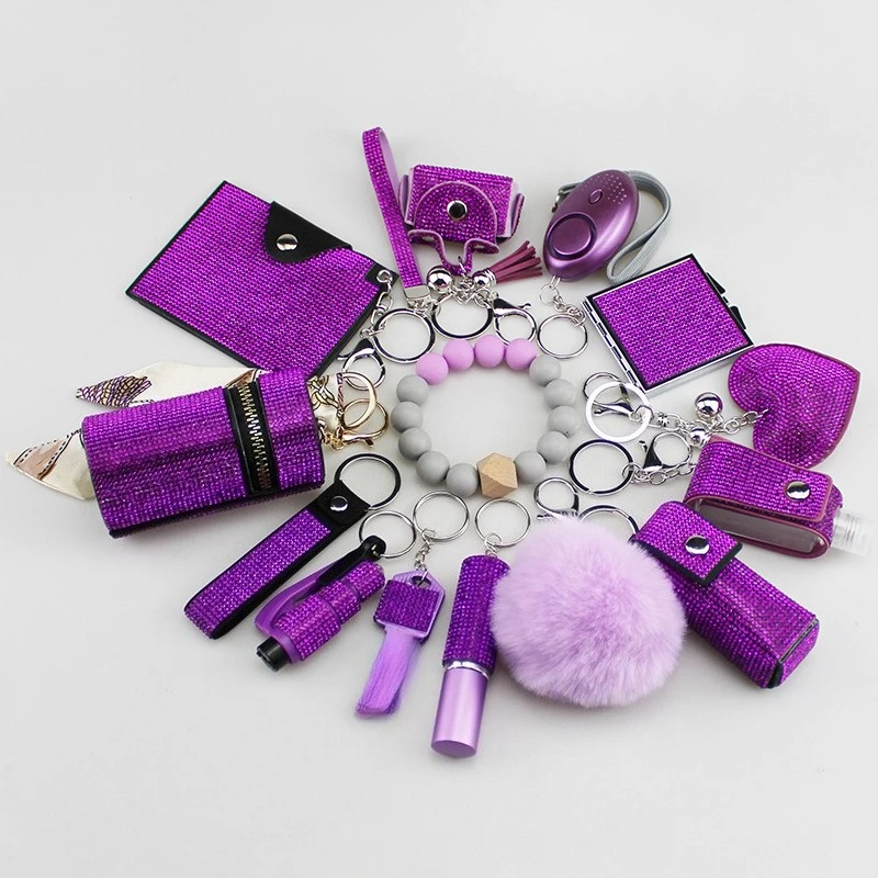 14 Teile/satz Bling Strass Frauen Schlüsselbund Set Sicherheit Selbstverteidigung Mit Fenster Breaker Pfeife Pompons Persönlichkeit Alarm Image