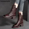 Careaymade 2025 Kuh Leder Qualität Frauen Schuhe Herbst Winter Platz Med Ferse Stiefeletten Schnüren Zipper Damen Pumps Größe 35-40