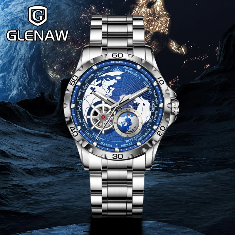 2025, neue GLENAW Earth Series mechanische Uhr für Herren, rotierendes Erdzifferblatt, Nachtlicht, wasserdicht, Top-Luxus-Design, mechanische Uhr Image