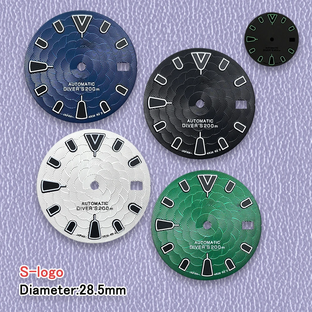 Gut verkaufen Neues 28,5 mm S-Logo-Taucherzifferblatt für NH35/NH36/4R/7S-Uhrwerk, grün leuchtendes Lotusblumen-Uhrenmodifikationszubehör Image