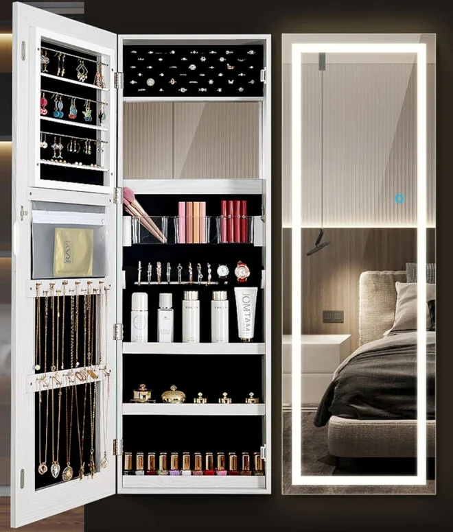 Integrierter Schmuckschrank zum Aufhängen an der Wand, Haushalt mit Lampenspiegel, vom Boden bis zur Decke reichender Schmuckspiegel für Mädchenzimmer