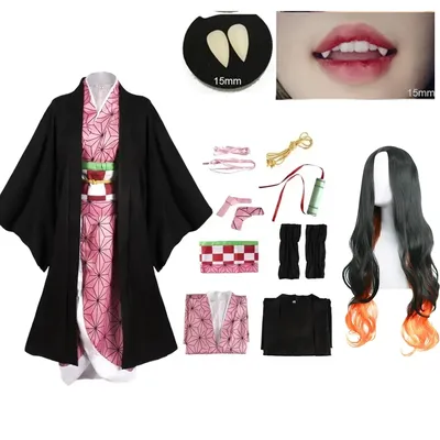 Anime Kimetsu Keine Yaiba Kamado Nezuko Cosplay Kostüm Kimono Dämon Slayer Cosplay Perücken Haare Halloween Karneval Frauen Outfit Image