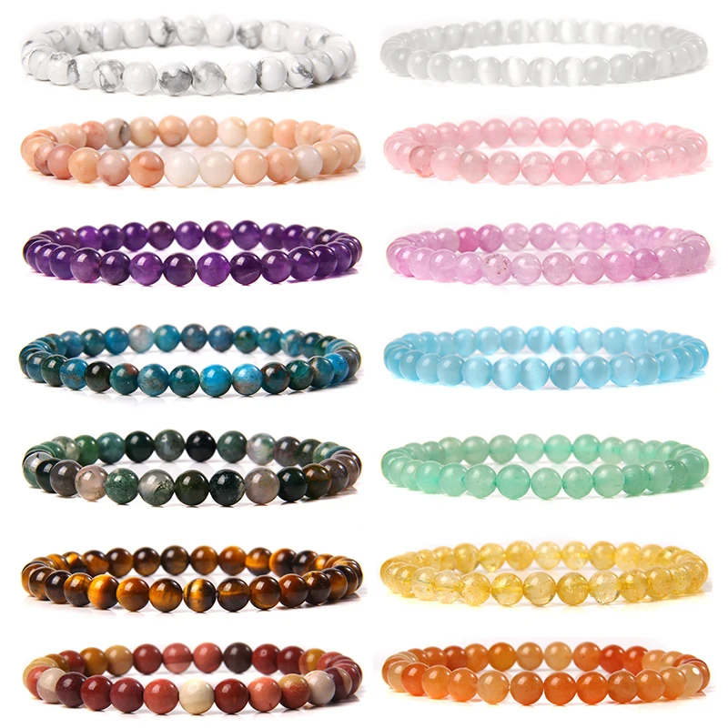 Natürliche Stein Perlen Armband Für Frauen Männer 6mm Amethysten Citrin Apatit Tigerauge Echte Elastische Armband Homme Schmuck armreif Image