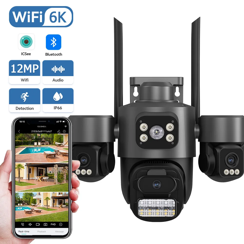 Dreifachobjektiv 12MP HD PTZ IP-Überwachungskamera IP66 Wasserdicht Auto Tracking Nachtsicht 2-Wege-Audio WIFI iCsee Überwachung CCTV Image