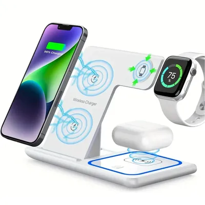 station de charge pliable 3 en 1,Support de chargeur rapide sans fil LED, iPhone 15, 14, 13, 12, 11, Apple Watch 9, 8, 7, 6, 5,