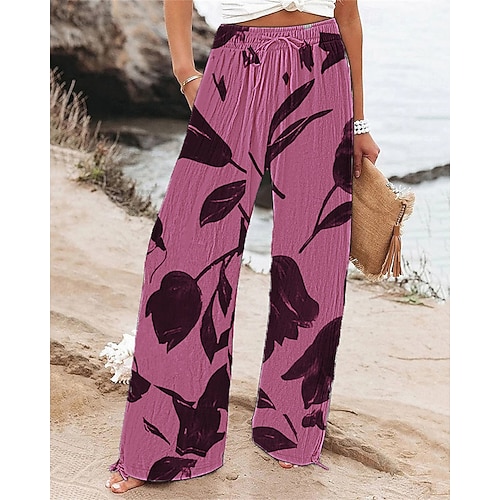 Damen Weites Bein Hosen Hose Palazzo-Hose Mode Boho Volle Länge Hohe Taille Blume Kordelzug Elastischer Bund Druck Atmungsaktivität Bequem Straße Alltagskleidung Ausgehen Blau Weiß Rosa Frühling Image