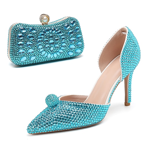 Champagnerfarbenes Set mit Strass-Stilettos und Clutch für Damen – elegante High Heels mit spitzer Spitze für Hochzeiten, Abschlussbälle und Abendpartys Image