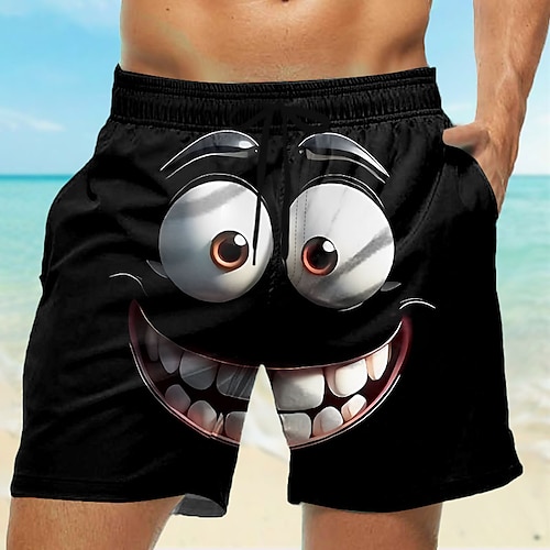 Herren 3D Zeichentrick Lächelndes Gesicht Große Augen Badehosen Badeshorts Boardshorts Mittlere Taille Lustig Outdoor Urlaub Alltagskleidung Seitentaschen Netzfutter Elastischer Kordelzug in der Image