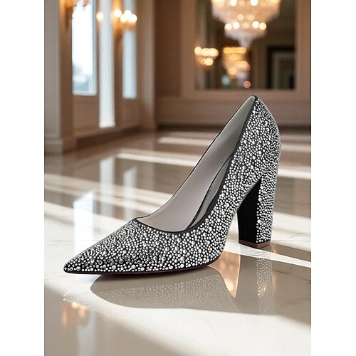 Lilafarbene Pumps mit quadratischem Absatz und Strasssteinen für Damen – spitze Glitzer-Partyschuhe für Cocktailveranstaltungen und Abendgarderobe Image