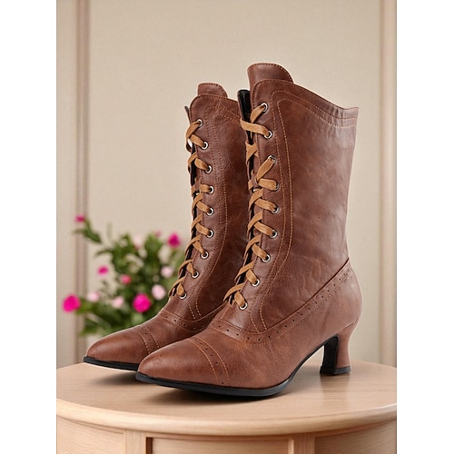 Damen-Schnürstiefeletten im Edwardian-Stil der 1900er-1910er Jahre – zweifarbige Stiefeletten im viktorianischen Stil mit niedrigem Absatz für Kostümpartys, Vintage-Teeveranstaltungen und historische Image