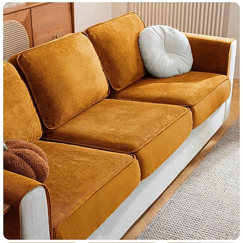Cord-Sofabezug mit vollständiger Abdeckung – dehnbarer Universal-Schonbezug für 3/4-Sitzer-Sofas, Ganzjahres-Kissenschutz mit rutschfester Unterseite Image