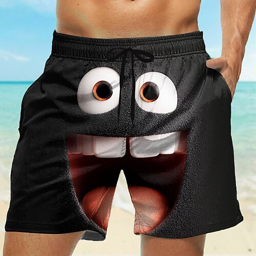 Herren 3D Zeichentrick Lächelndes Gesicht Badehosen Badeshorts Boardshorts Mittlere Taille Lustig Outdoor Urlaub Alltagskleidung Seitentaschen Netzfutter Elastischer Kordelzug in der Taille Designer Image