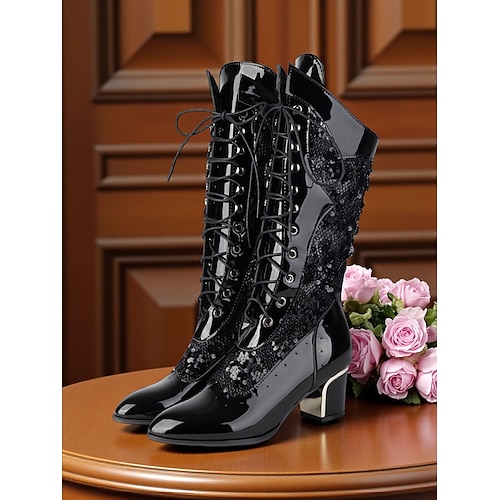 Grüne Damenstiefel mit Pailletten und Schnürung aus Lacklederimitat bis zur Wadenmitte – Vintage-Stiefel im Stil der 1930er Jahre mit dickem Absatz für Bühnenauftritte, Gothic-Partys und Image