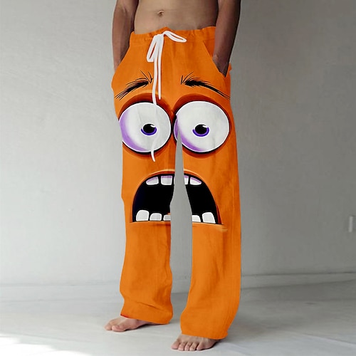 Herren 3D Zeichentrick Lächelndes Gesicht Hose Baggy-Hosen Freizeithose Mittlere Taille Lustig Outdoor Urlaub Elastischer Kordelzug in der Taille Leinenähnliche Hose mit Taschen Sommer Frühling Herbst Image