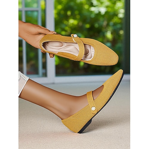 Beigefarbene Mary-Jane-Ballerinas aus Strick für Damen mit Perlenriemen – leichte, atmungsaktive Freizeitschuhe für den Alltag, auf Reisen und im Büro Image