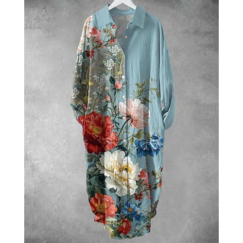 Damen Midikleid Hemdblusenkleid Freizeitkleid Mode Modern Täglich Strand Wochenende Normale Passform Blume Langarm Hemdkragen Blau Weiß Rosa Rote Frühling Herbst Image