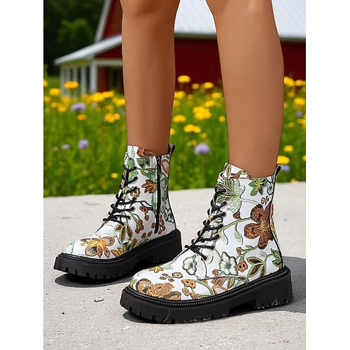 Schwarze Springerstiefel für Damen mit Blumenmuster – seitlicher Reißverschluss zum Schnüren, dicke Profilsohle, stylisches Schuhwerk für die Freizeit und das Festival Image