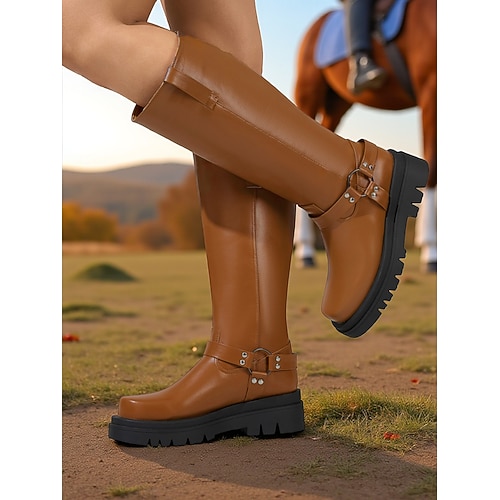 Schwarze kniehohe Plateau-Reitstiefel für Damen – dicke Stollensohle für den Reitstil, Herbstmode und Freizeitkleidung im Freien Image