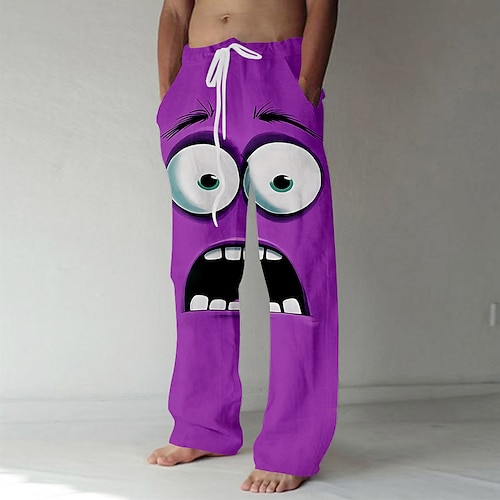 Herren 3D Zeichentrick Lächelndes Gesicht Hose Baggy-Hosen Freizeithose Mittlere Taille Lustig Outdoor Urlaub Elastischer Kordelzug in der Taille Leinenähnliche Hose mit Taschen Sommer Frühling Herbst Image