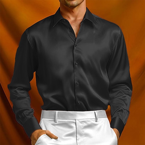 Herren Hemd Seidenartig Satinhemd Kleidhemd Freizeithemd Knopfhemd Einfach Formell Hochzeit Schwarz Gelb Rote Marineblau Langarm Revers Frühling Herbst Ganzjahres Bekleidung Rein Image