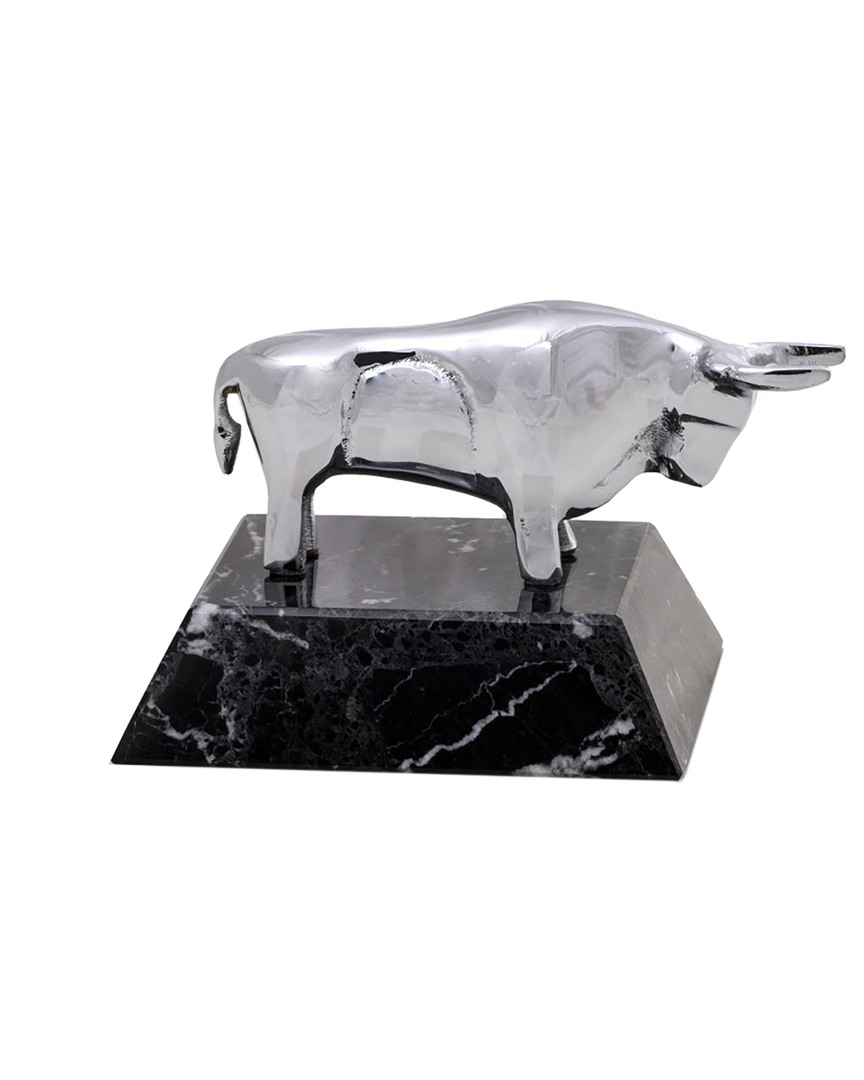 Bey-Berk Chrome Plated Bull Paperweight On Black Zebra Marble