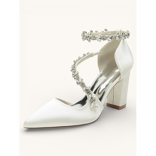 Satin-Hochzeitspumps für Damen mit Strass-Knöchelriemen – spitze Zehenpartie, niedriger Blockabsatz, Braut- und Brautjungfernschuhe in verschiedenen Farben Image