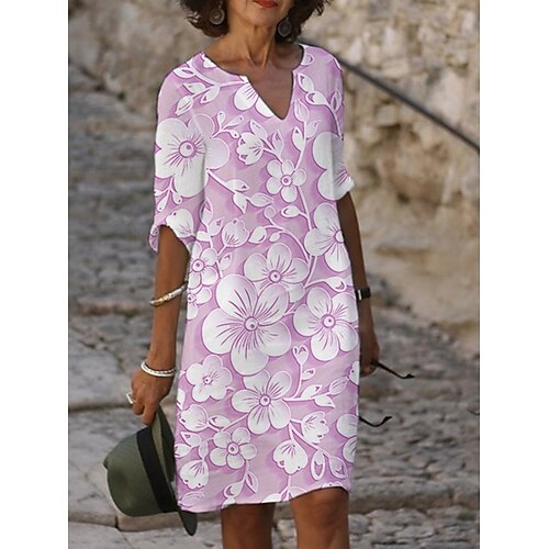 Damen Midikleid Freizeitkleid Druckkleid Mode Modern Täglich Strand Wochenende Normale Passform Blumen Dreiviertelarm Rundhalsausschnitt Gelb Purpur Grau Sommer Frühling Herbst Image