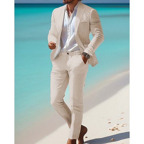 Herren Leinenblazer Set Geschäft Cocktailparty Hochzeitsfeier Mode Lässig Frühling Herbst 30 % Leinen 60% Polyester Einfach Tasche 2 teilig Bequem Einreihig Blazer Weiß Kaki Hellblau