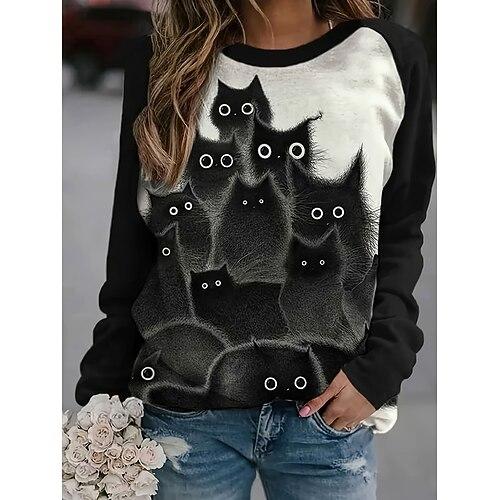 Damen T-Shirt Langarm Grafisch Tier Vintage Stylisch Klassisch Langarm Rundhals Reguläre Oberteile Alltag Druck Schwarz Frühling Herbst Vorherherbst