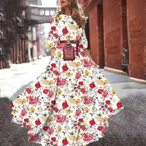 Damen Langes Kleid Maxikleid Freizeitkleid Schwingkleid Mode Modern Täglich Strand Wochenende Normale Passform Blume Halbarm Rundhalsausschnitt Blau Hellgelb Schwarz Weiß Frühling Herbst Image