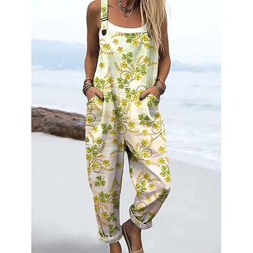 Damen Latzhose Aktiv Blumen Ärmellos Ärmellos Gerade Quadrathals Tasche mit Tasche Urlaub Täglich Lässiger Schnitt Gelb Rosa Blau Sommer Image