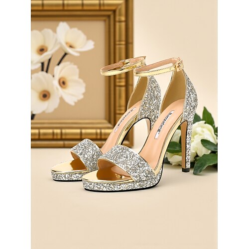 Damen-Sandalen mit silbernem Glitzer und hohem Absatz und Knöchelriemen, funkelnde Partyschuhe für das Nachtleben und Club- und Abendoutfits Image